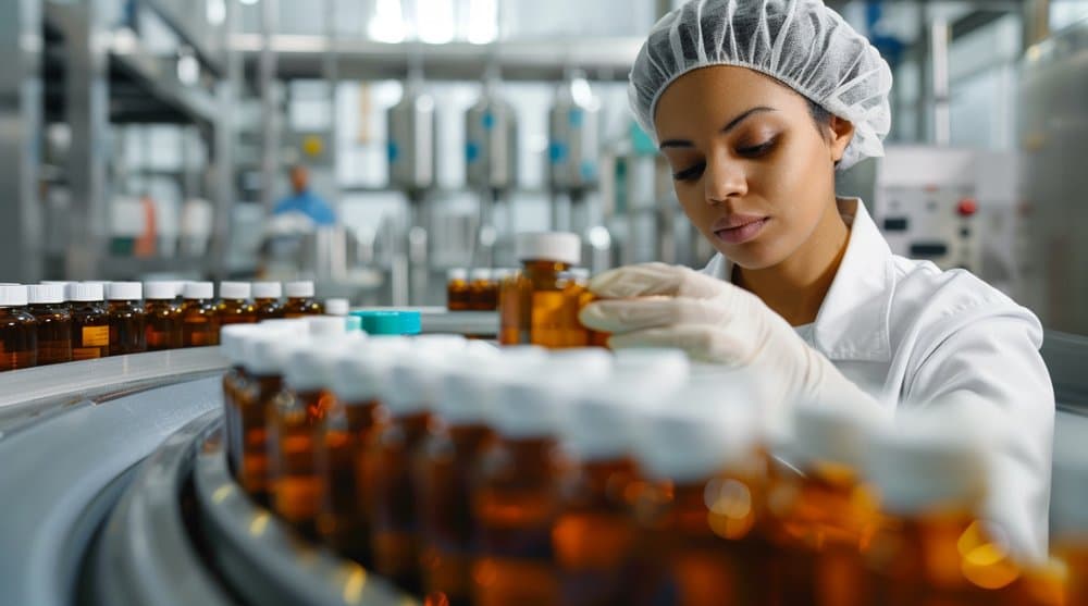 A pharmaceutical production worker inspecting bottles on a filling line